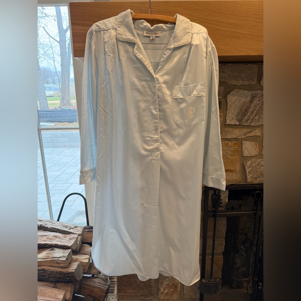 Vintage Christian Dior baby blue Satin Women's Long Nightgown size L